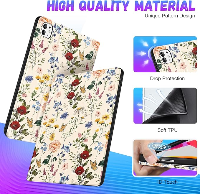 Uppuppy for iPad Pro 11 Inch Case 2024 - Women Cute Girls Folio Smart Cover with Pencil Holder Girly Flower Floral Pretty Aesthetic for iPad Pro 11 M4 Cases A2836 A2837 A3006