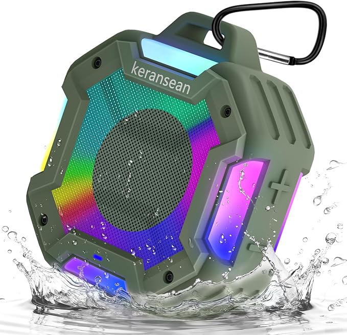 Shower Bluetooth Speaker Waterproof, Portable Small Speaker, Outdoor Bluetooth Speakers Wireless, LED Light, BT5.4, 24H Playtime, Built in Mic, Powerful Sound for Party, Unisex Gifts for Adults-Green