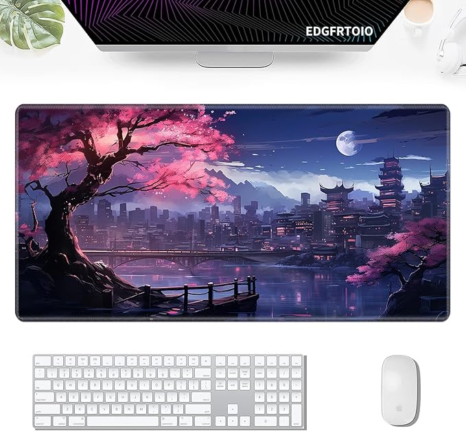 Gaming Mouse Pad, Keyboard Mouse Pad 31.5x15.7 inch XXL Large Computer Laptop Cool Desk Mat with Non-Slip Rubber Base and Stitched Edge for Home Office Work, Japanese Night View Cherry