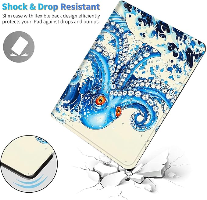 for Amazon Kindle Fire HD 10 (9th/7th/5th Generation, 2019/2017/2015 Release) 10.1" Tablet Case, Slim Kickstand Stand Leather Smart Cover with Auto Wake/Sleep, Blue Octopus