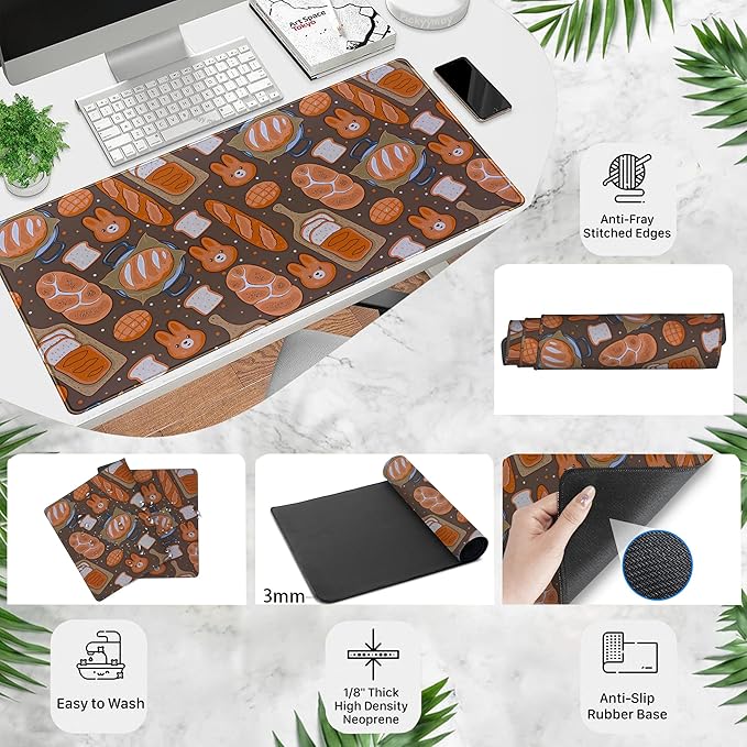 Kawaii Desk Mat Cute Mouse Pad Large Gaming Desk Pad, Bunny Bread Keyboard Mat Extended, Full Desktop Computer Mouse Mat XXL, Pastries Food Desk Decorations for Women Office 31.5x15.7 Inch