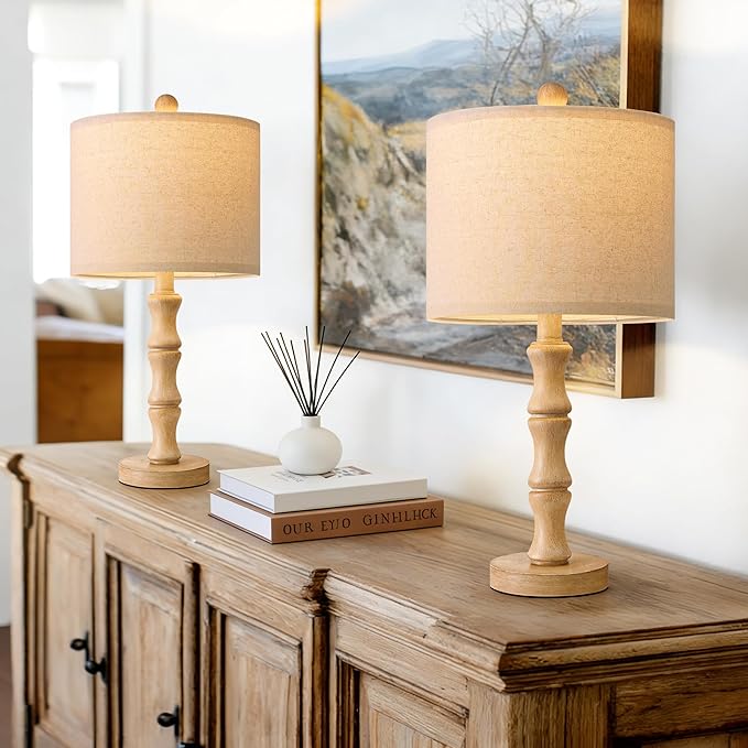 BOBOMOMO 20.5" Farmhouse Table Lamps Set of 2, Rustic Nightstand Lamps with Wood Grain Resin Base & Linen Shade, Small Bedside Lamps for Bedroom, Living Room, Apartment Side Table & Small Spaces