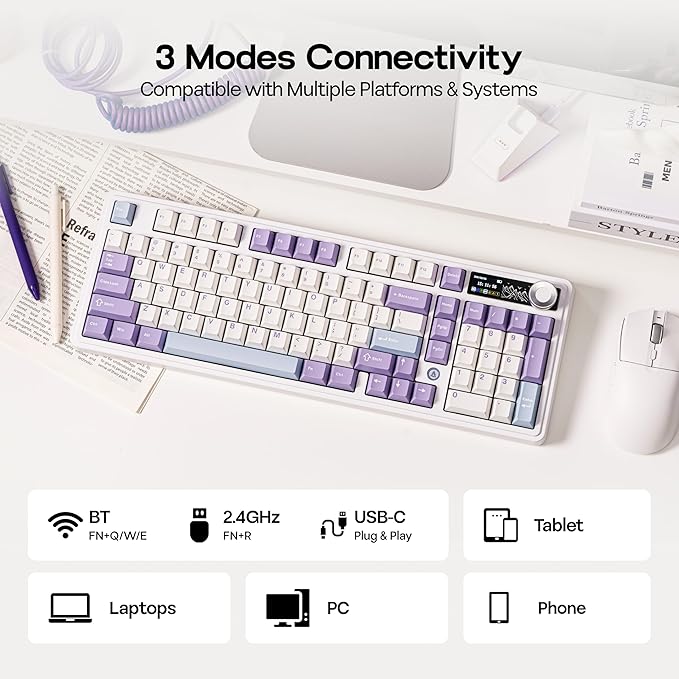 MechLands AJAZZ AK980 V2 Mechanical Gaming Keyboard with Display Screen, 10000mAh Battery, 98% Wireless Keyboard with BT/USB-C/2.4GHz, Hot Swappable, Linear Switch, Knob, RGB for Win/Mac (White)