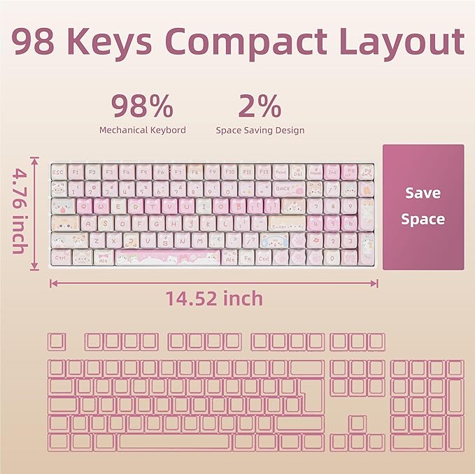 ZORNHER ZH100 Wireless Cat Mechanical Keyboard,98% Pink Cute Creamy Keyboard with Number Pad,Full Size Girly Kitty Gaming Keyboard,Meow Meow Squad Keycaps,Creamy Souding Linear Switches