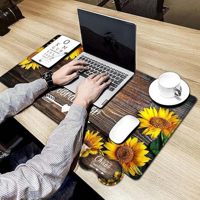 Large Gaming Mouse Pad, 31.5x11.8 in Extended Computer Mouse Mat with Non-Slip PU Base, Ergonomic Memory Foam Keyboard Wrist Rest, for Work & Gaming, Sunflower Chaos Coordinator Office Desk Pad