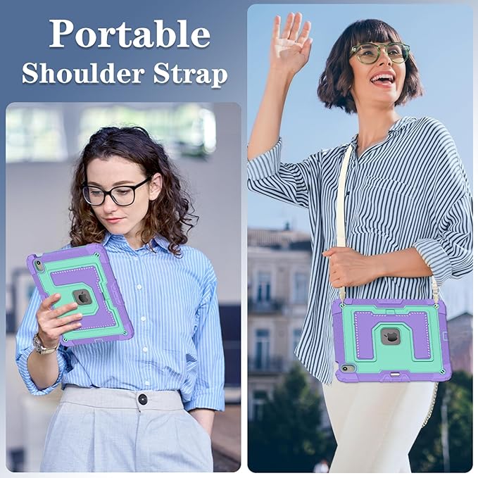 Kids Friendly Case for iPad Air 13 Inch M4 M3 M2 2026/2025/2024 Case with Pencil Holder & Shoulder Strap, Military Grade Shockproof Kickstand Hard Shell Protective Cover,Purple+Mint