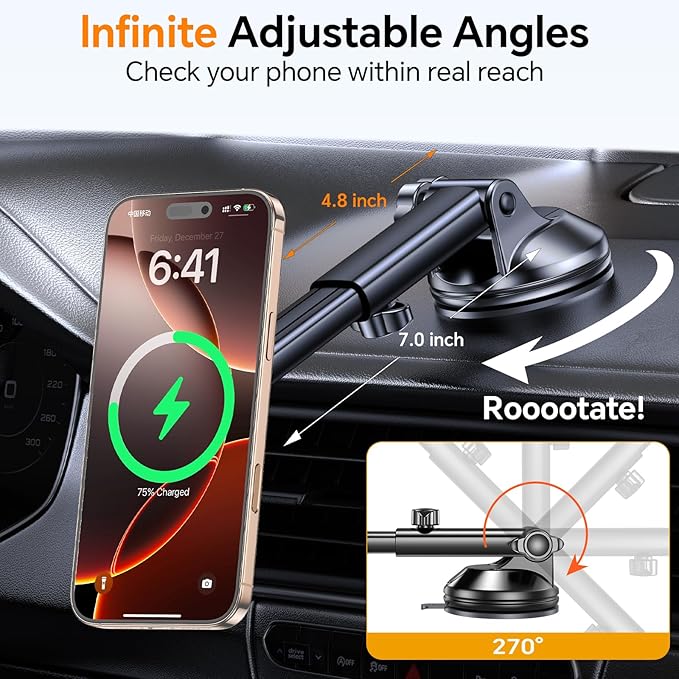 Coolpow for MagSafe Car Mount Charger【Ultra Magnet】 Magnetic Phone Holders for Your Car Charger【Windshield+Vent+Dash】 Magnetic Wireless Car Phone Holder Charger Car Mount for iPhone 17 (Gray)