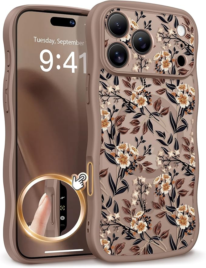 GVIEWIN for iPhone 17 Pro Case Compatible with MagSafe [Curly Wave Edge][Full Camera Protection] Floral Translucent Shockproof Magnetic Women Phone Case for iPhone 17 Pro 6.3'', Bunchflower/Brown