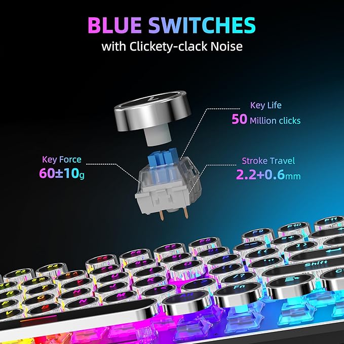 K968 Retro Typewriter Mechanical Gaming Keyboard - RGB Backlit Wired with Blue Switches, Media Control Knob for PC
