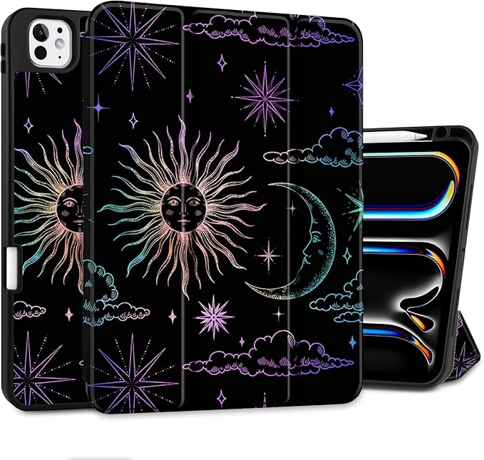 DONGKE Case for iPad Pro 11 inch (M5 2025 / M4 2024, 6th & 5th Generation) – [Built-in Pencil Holder] Ultra Slim PU Leather Trifold Stand Cover with Soft TPU Back, Auto Wake/Sleep, Sun & Moon