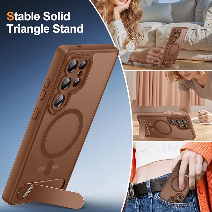 Magnetic for Samsung Galaxy S25 Ultra Case, [Compatible with MagSafe][Full Camera Protection][Built-in Invisible Kickstand] Translucent Matte Phone Case for S25 Ultra 6.9" - Brown