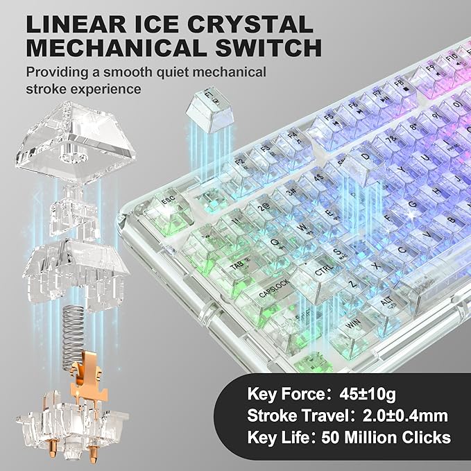 Transparent Mechanical Keyboard, RGB Backlit Wireless Creamy Gaming Keyboards, Hot Swap Customizable Clear Acrylic Design, 80-Key Quiet Linear Switches, 3 Modes BT5.0/2.4G/USB-C 4000mAh Battery, White