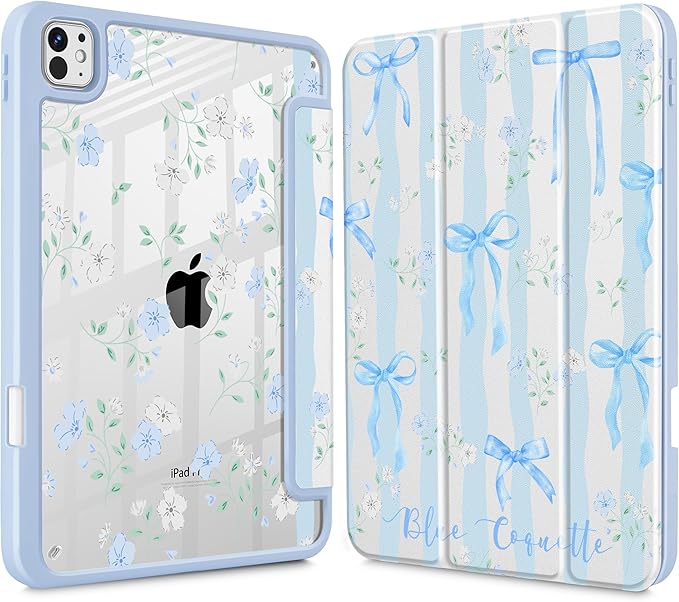 May Chen for iPad Pro 13 Inch Case M5 2025 / M4 2024, Built Pencil Holder & Clear Transparent Print Back Shell Slim Stand Shockproof Tablet Cover, Auto Wake/Sleep, Flower Blue Waves