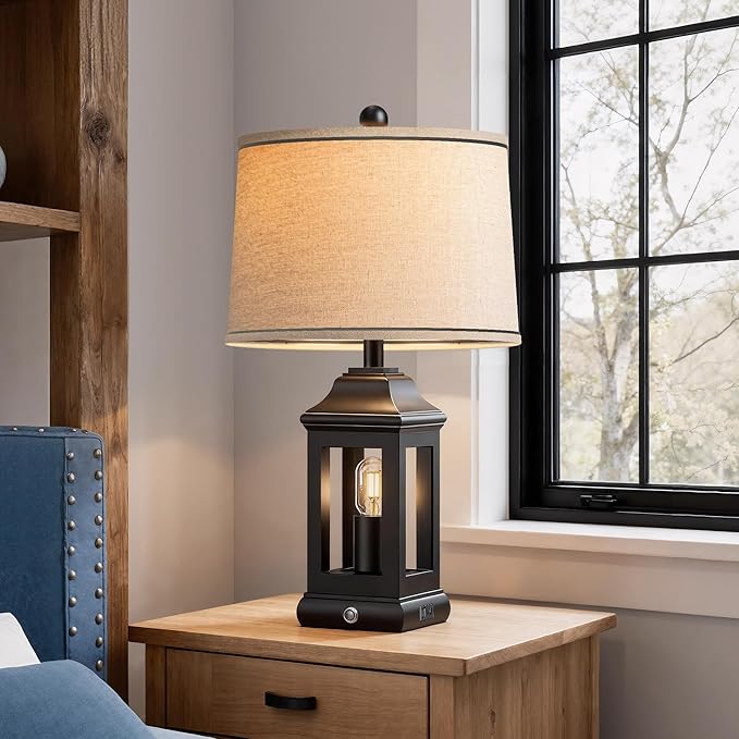 24" Rustic Farmhouse Table Lamps for Living Room Set of 2, Touch Dimmable Nightlight Vintage Bedside Lamps with USB A+C Ports & Dual Light Sources for Bedroom Nightstand End Table, Matte Black