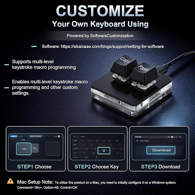 O2C Custom Keyboard with Switches, Macro Keyboard, RGB Backlight, 2 KeysType-C, Plug-and-Play Copy Paste (Black)