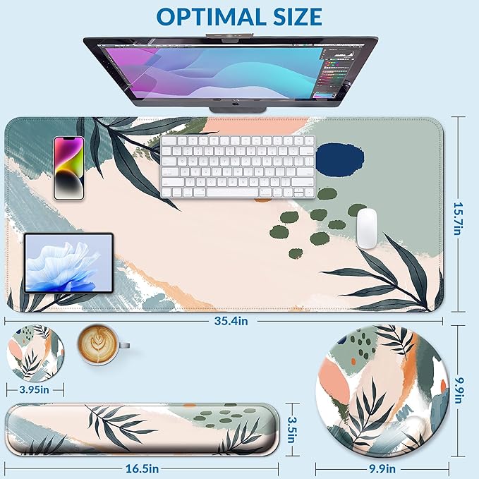 Desk Mat Set + Keyboard and Mouse Pad with Wrist Rest Support,4-in-1 Large Mousepad Computer Mats for Desktop Home & Office-Leaves 2