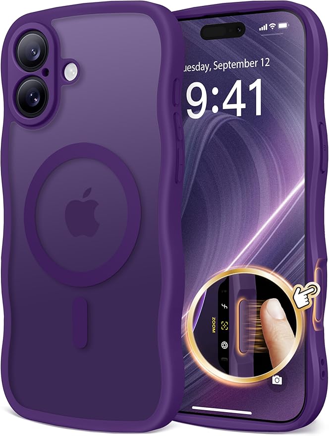 CAPRARO for iPhone 16 Case for Women Girls, Upgraded [Full Camera Protection] [Compatible with MagSafe] Cute Wave Translucent Matte Phone Case for iPhone 16, Deep Purple