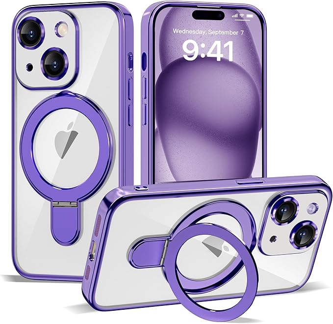 Compatible with iPhone 15 Plus Case with Invisible Magnetic Ring Stand [Compatible with Mag-Safe] [Full Camera Lens Protector] Plating Clear Phone Case for iPhone 15 Plus 6.7", Purple