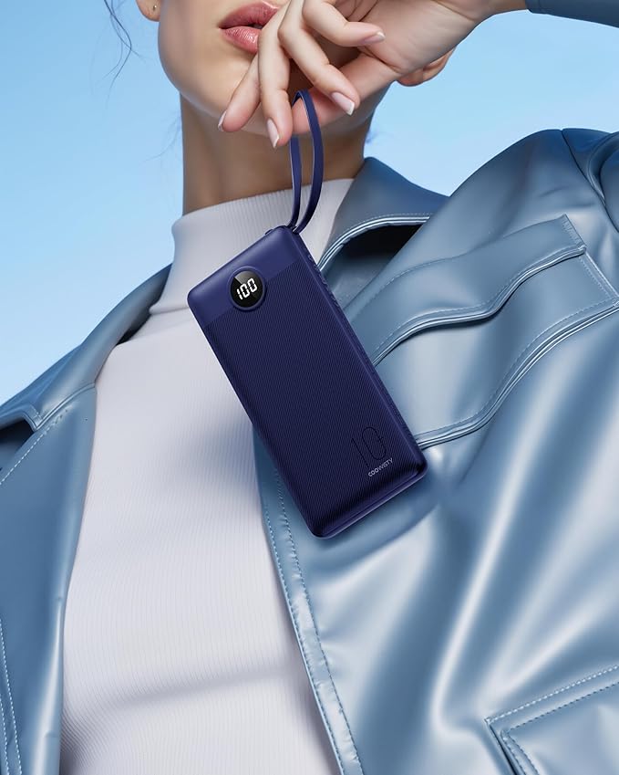 Portable Power Bank, Compact 10000mAh Portable Charger with 4 Cables, USB C Battery Pack 5 Outputs 2 Inputs LED Display Compatible with iPhone/Android & More (Navy Blue)
