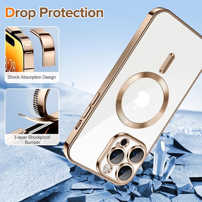 Hython Magnetic Clear for iPhone 14 Pro Case with Camera Lens Protector [Compatible with MagSafe] Luxury Plating Edge Slim Soft TPU Cover Protective Phone Case for iPhone 14 Pro 6.1", Desert Brown