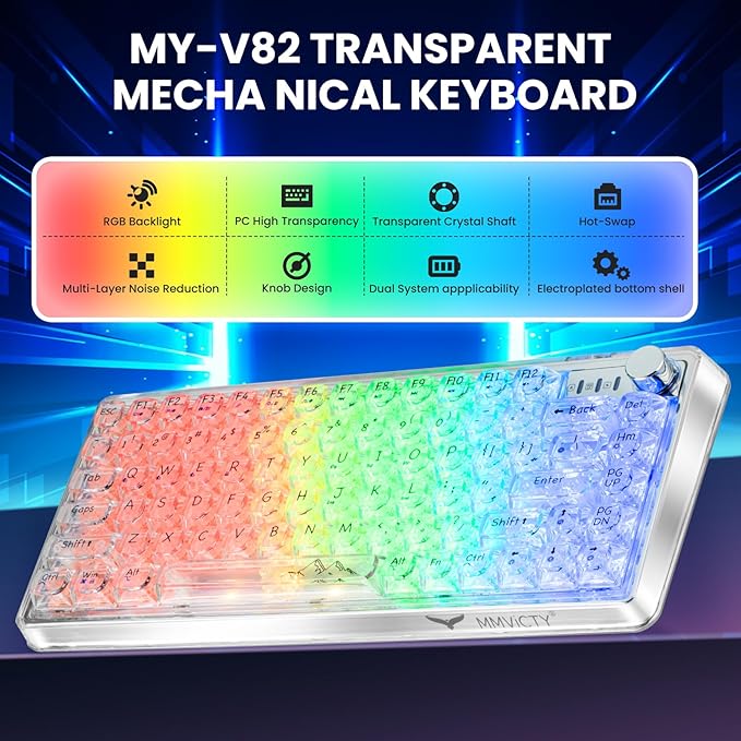 MY-V82 75% Tri-Mode Wireless Mechanical Gaming Keyboard, Bluetooth 5.0/2.4GHz/USB-C，Keyboard with Knob， RGB Backlit, Hot-Swappable, Electroplated Metal Case, for Win/Mac Gamers