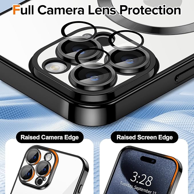 Hython Magnetic Clear for iPhone 15 Pro Case with Camera Lens Protector [Compatible with MagSafe] Luxury Plating Edge Slim Soft TPU Cover Protective Phone Case for iPhone 15 Pro 6.1", Black