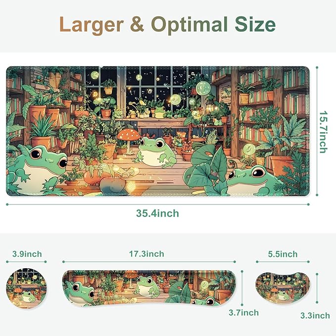 Large Gaming Mouse Pad Set, 4 in 1 Ergonomics Keyboard Desk Mat with Memory Foam Wrist Rest, Computer PC Extended Game Mousepad, Non-Slip Desk Matt Easy Typing Pain Relief I Frog & Mushroom