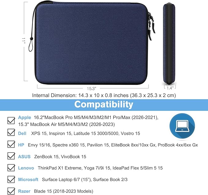 FINPAC Hard Laptop Sleeve Case for 15.3 inch MacBook Air M5 M4 M3 M2 (2026-2023) A3448 A3241 A3114 A2941, 16.2 inch MacBook Pro 2026 M5/M4/M3/M2/M1 Pro/Max, Waterproof Case for Surface Laptop, Navy