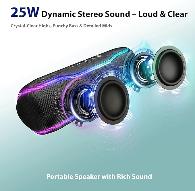 Bluetooth Shower Speaker, IPX7 Waterproof Wireless Speaker with 24H Playtime, Beat Pads, RGB Lights, TWS Pairing, Durable Design, Perfect for Travel, Beach, and Gifts - Black