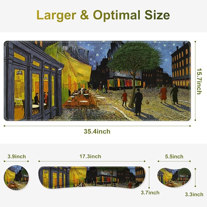 Large Gaming Mouse Pad Set, 4 in 1 Ergonomics Keyboard Desk Mat Memory Foam Wrist Rest, Computer PC Extended Game Mousepad, Non-Slip Desk Matt Easy Typing Pain Relief I Terrace of the Cafe