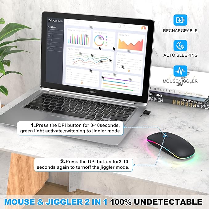 Bluetooth Wireless Mouse for MacBook Air Mac Pro iPad ,LED Rechargeable Silent Mouse with 2.4GHz USB-A/USB-C Receiver & Mouse Jiggler, Compatible with Laptop MacBook IPad Mac Tablet PC- Matte Black