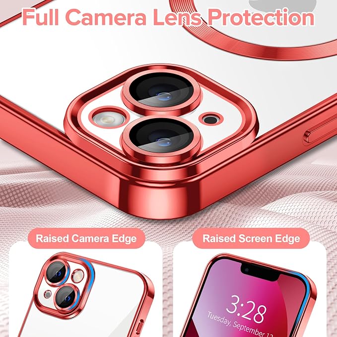 Hython Magnetic Clear for iPhone 13 Case with Camera Lens Protector [Compatible with MagSafe] Luxury Plating Edge Slim Soft TPU Cover Protective Phone Case for iPhone 13 6.1", Red