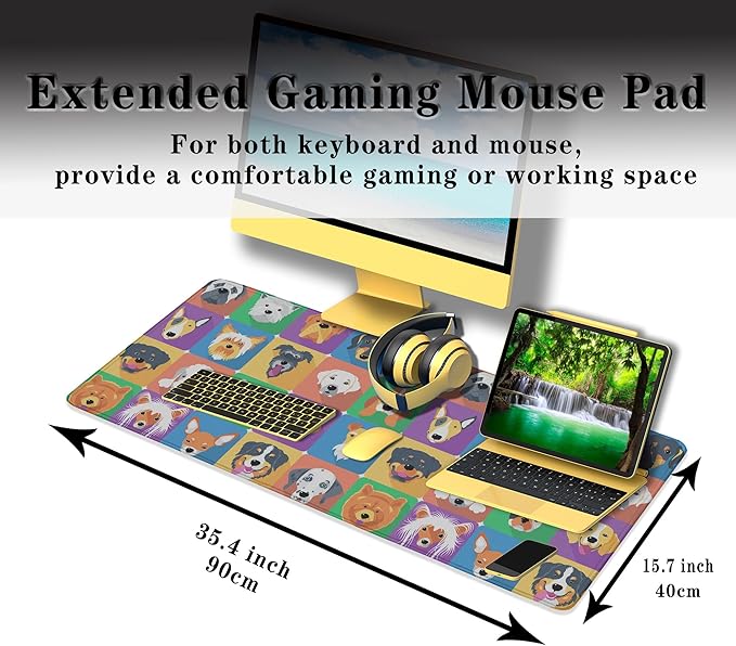 Gaming Pad Long Mousepad, Extra Large Mouse Pads Desk Mouse Pad, Mouse Pad Big Non-Slip Rubber Base Waterproof with Stitched Edges, 35.4 X 15.7 inch for Work/Game/Office/Home Portrait Puppy