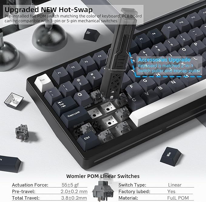 Womier 75% Wireless Mechanical Gaming Keyboard with Knob & Display, Bluetooth 5.0/2.4GHz/USB C Thocky Creamy Keyboard for PC Computer, 8000mAh Battery Hot Swappable Key Board for Win/Mac (MT75-Grey)