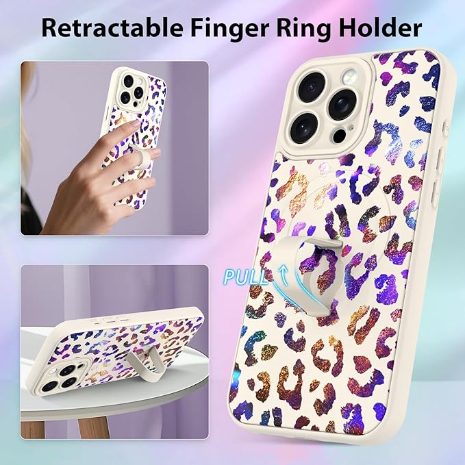 KANGHAR Compatible with iPhone 15 Pro Max Case, Support for MagSafe, Silicone Cute Iridescent Leopard Cheetah Pattern, Wristband Kickstand Shockproof Protective Slim Cover for Women Girls, White