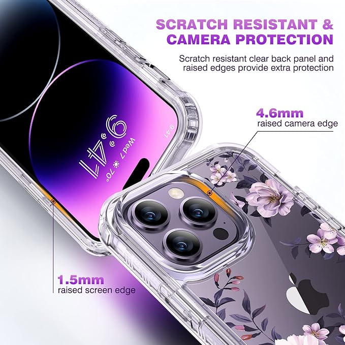Diaclara Designed for iPhone 14 Pro Max Case 6.7’’, Full Body Rugged Phone Case w/Built-in Sensitive Anti-Scratch Screen Protector+9H Tempered Glass Camera Lens Protector(Clear Flower)