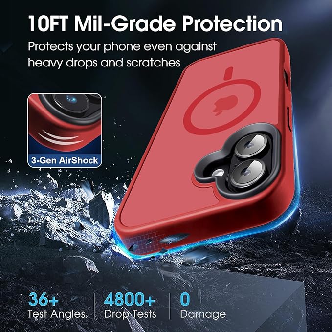 Powerful Magnetic Case for iPhone 16 Case [10FT-Grade Drop Tested & Compatible with MagSafe] Translucent Anti-Fingerprint Shockproof Protective Cover 6.1 Inch, Red