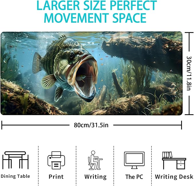 Gaming Mouse Pad, Underwater Fishing-Themed Mouse Pad, Desk Mat, Non-Slip Rubber Base MousePads for Computers Laptop Office School Home Accessories Decor 31.5" x 11.8"
