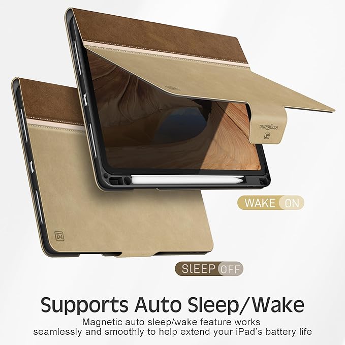 KingBlanc Case for iPad Pro 11 inch (M5 2025/M4 2024) with Pencil Holder, Vegan Leather Smart Stand Cover, Auto Sleep Wake, Support Pencil Pro/(USB-C), Viewing/Typing Angle, Durable Protection, Beige