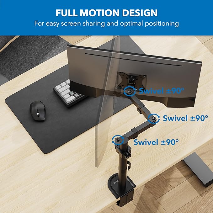 Mount-It! Single Monitor Arm 17" to 32", Full Motion Adjustment with Tilt, Rotation, Swivel, Height Adjustment Along Pole, Clamp or Grommet Mounting, Monitor Desk Mount VESA 75x75 and 100x100, Black