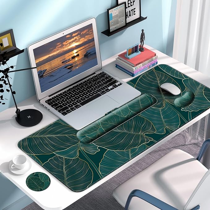 Keyboard Wrist Rest + Mouse Pad with Wrist Support + Desk Mat + Coaster 4 in 1 Set, XXL Large Gaming Mousepad Cute Ergonomic Mouse Pads for Desk Computer Laptop Office Decor-Green Leaves