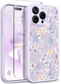 GVIEWIN for iPhone 15 Pro Max Case Compatible with MagSafe, [Military Grade Protection] [Screen Protector] Full Camera Protection Floral Translucent Women Magnetic Phone Case, Apricot Blossom/Purple