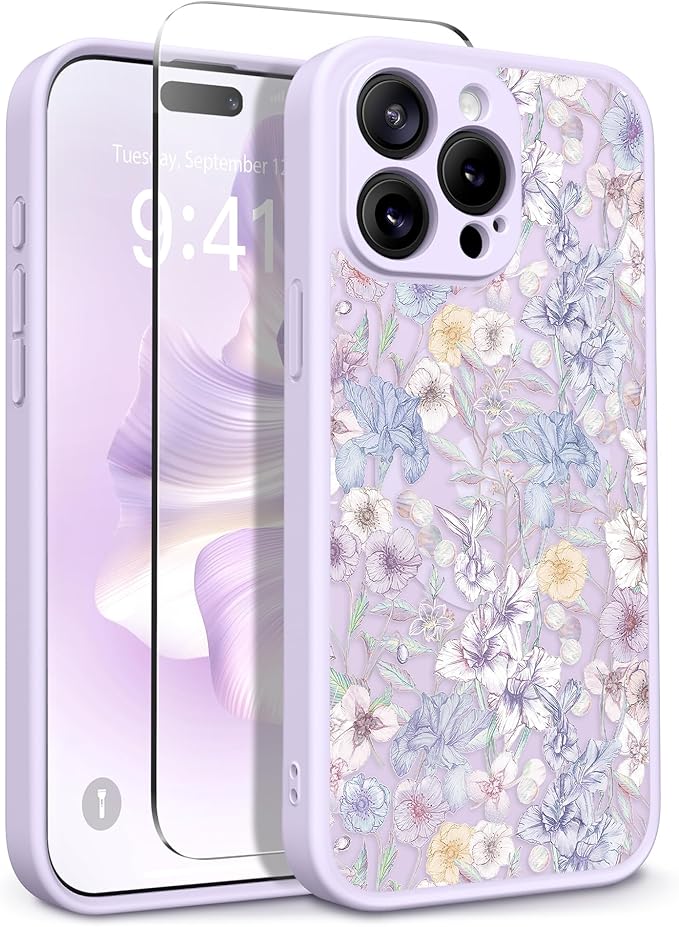 GVIEWIN for iPhone 15 Pro Max Case Compatible with MagSafe, [Military Grade Protection] [Screen Protector] Full Camera Protection Floral Translucent Women Magnetic Phone Case, Apricot Blossom/Purple