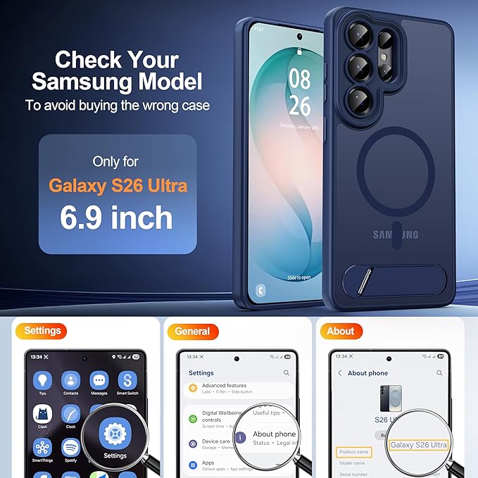 Magnetic for Samsung Galaxy S26 Ultra Case, [Compatible with MagSafe][Full Camera Protection][Built-in Invisible Kickstand] Translucent Matte Phone Case for S26 Ultra 6.9" - Blue
