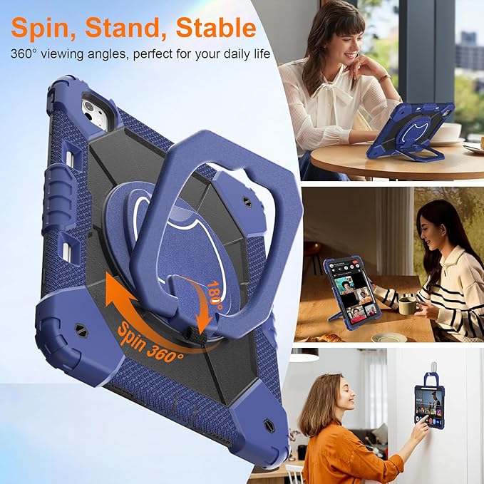 Case for iPad Pro 13 Inch M5 2025 / M4 2024, Auorld for iPad Pro 13 Inch M5 2025 with Screen Protector, 360 Degree Rotating Stand Shoulder Strap Pencil Holder, Navy Black