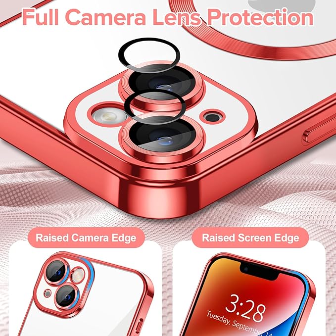 Hython Magnetic Clear for iPhone 14 Plus Case with Camera Lens Protector [Compatible with MagSafe] Luxury Plating Edge Slim Soft TPU Cover Protective Phone Case for iPhone 14 Plus 6.7", Red