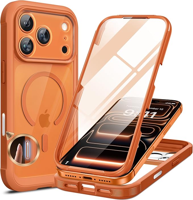 Miracase Magnetic for iPhone 17 Pro Case 6.3" [Compatible with MagSafe] Full-Body Phone Case with Built-in Glass Screen Protector & Camera Control,Drop Proof iPhone 17 Pro Cover, Orange