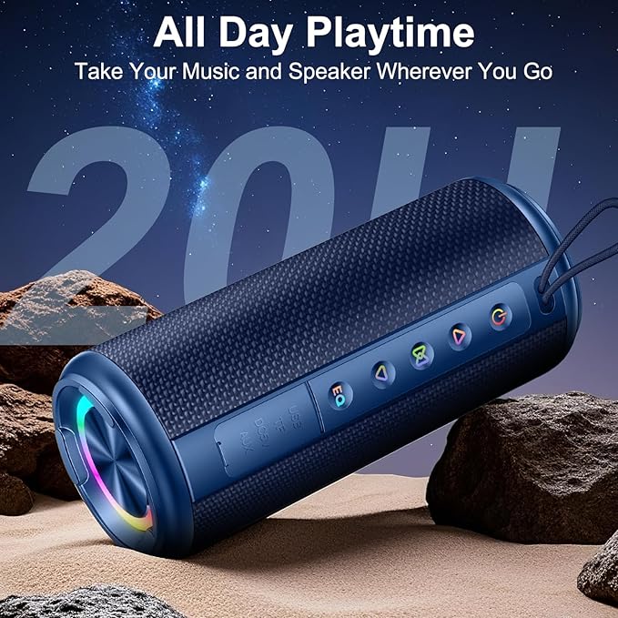 Portable Bluetooth Speaker, Bluetooth 5.4 Wireless Speaker with 20W HD Loud Stereo Sound, 20H Playtime, IP7 Waterproof, LED Lights, TWS Pairing, Built-in Mic, for Outdoor, Party, Home, Gift, Blue