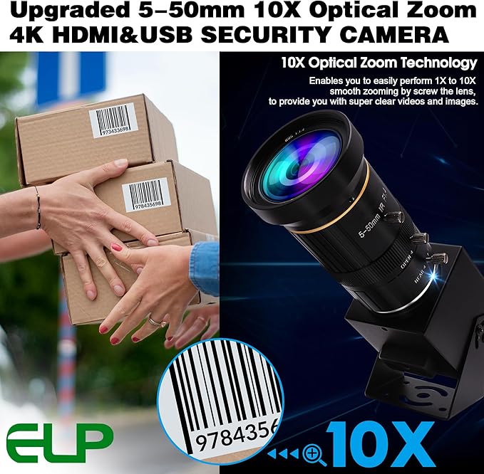 HDMI USB Camera 4K 30fps USB Webcam for Live Streaming 5-50mm 10X Manual Zoom Web Camera USB HDMI Simultaneous Output Video Camera Close-up PC Camers Plug and Play for Linux Raspberry Pi Jetson Nano