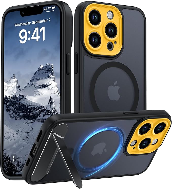 Magnetic Compatible with iPhone 13 Pro Case, [Built-in Kickstand][Full Camera Protection][Compatible with MagSafe][Anti-Fingerprint] Shockproof Phone Case for iPhone 13 Pro 6.1",Black & Yellow